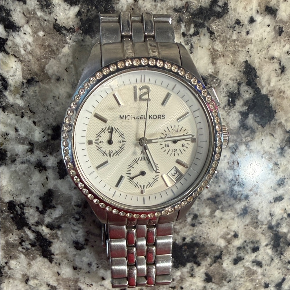 Michael Kors Silver Chronograph Watch with Crystal Bezel